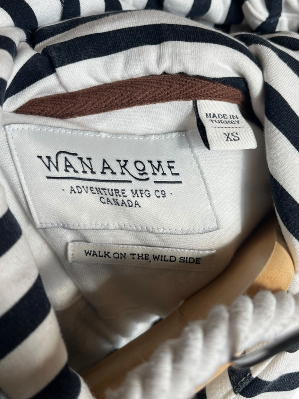 Wanakome Navy Ivory Stripe Cowl Neck Hoodie XS Terry Pullover - Picture 12 of 15